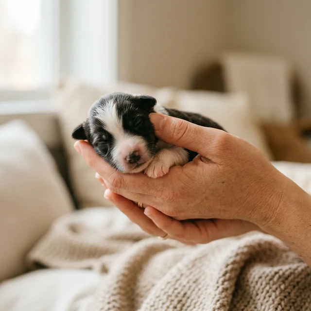 手のひらに抱かれた生後数日のボーダーコリーの子犬