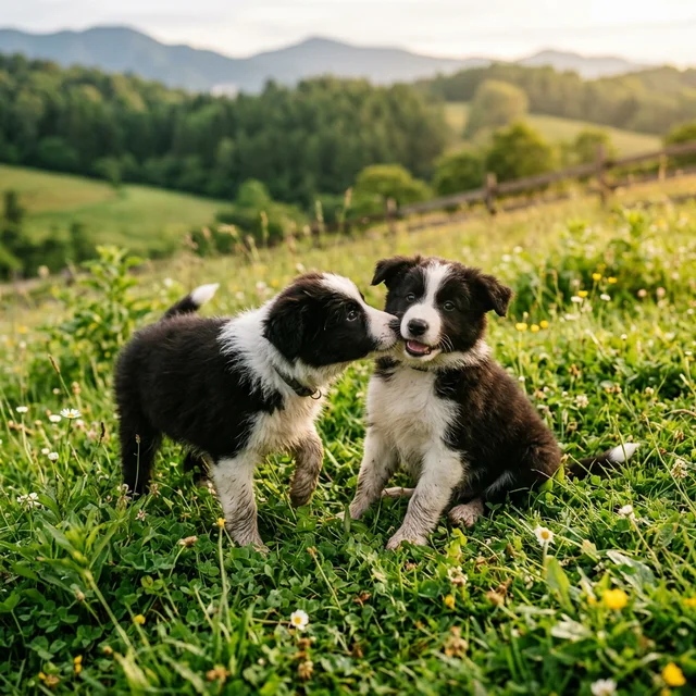 緑の草原で遊ぶボーダーコリーの子犬たち